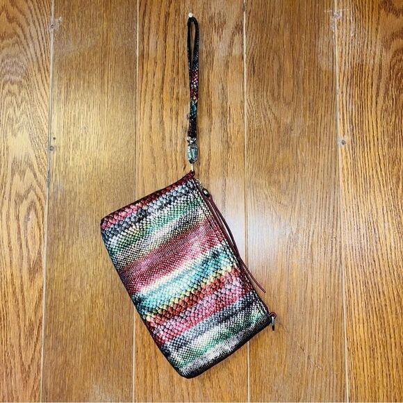 Hobo Holiday Stripe Vida Leather Wristlet Bag Zip Top CC Slots Snakeskin Y2K - Picture 3 of 8